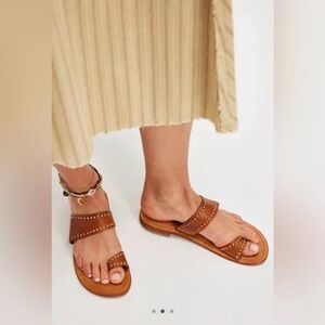 Free People Tan Studded Double-Strap Leather Sandals